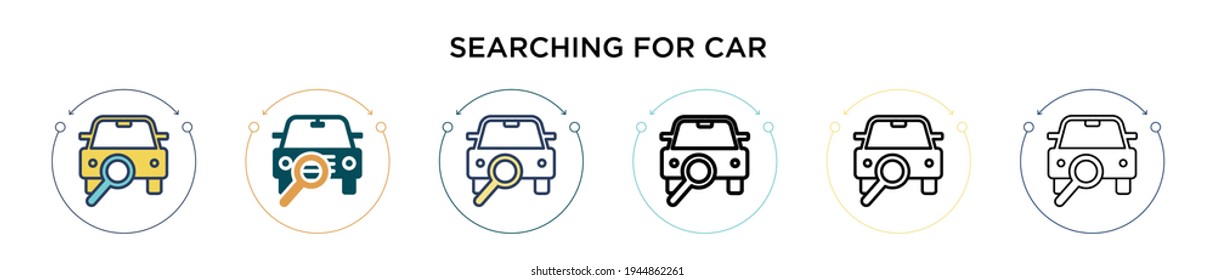 Buscando el icono del coche en el estilo relleno, delgado, contorno y trazo. La ilustración vectorial de dos imágenes coloreadas y negras para los diseños de los iconos de los vectores de coches se puede utilizar para móviles, ui, web