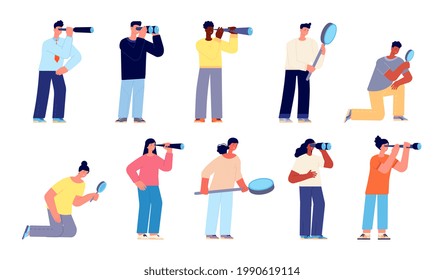 Searching characters. Business vision, management team hr search. People looking binocular, explore perspectives. Investigate opportunity utter vector set