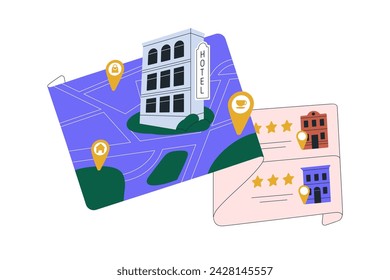 Searching, choosing hotel to book. Finding, booking, looking for tourists room to stay. Reading reviews, ranking, rating. Accommodation concept. Flat vector illustration isolated on white background