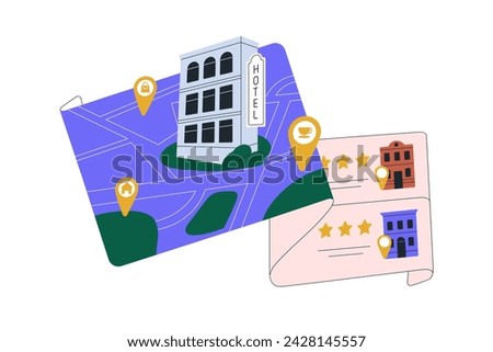 Searching, choosing hotel to book. Finding, booking, looking for tourists room to stay. Reading reviews, ranking, rating. Accommodation concept. Flat vector illustration isolated on white background