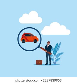 Searching and choosing a suitable car. Businessman found his car. Modern vector illustration in f