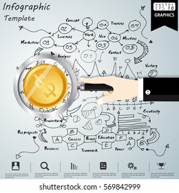 Searching Coin Business Success Modern design Idea and Concept Vector illustration Infographic template with Lined pattern,hand, magnifier,graph,arrow,icon.