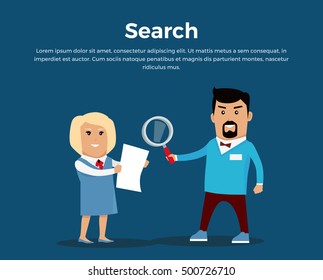 Searching concept banner. Flat design. Information searching vector. Picture for web design, data processing illustrating. Man with magnifier and woman with document standing on blue background.
