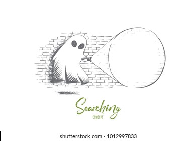 Searching concept. Hand drawn ghost searching something with flashlight in his hand. Looking for something and analyzing concept isolated vector illustration.