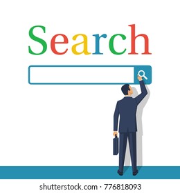 Searching concept. Modern technologies. Vector illustration flat design. Isolated on white background. Search on internet. Mobile app. Businessman uses the application search bar.