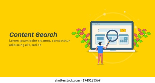 Searching content on internet, content search, Search engine optimization - conceptual vector illustration banner on yellow background