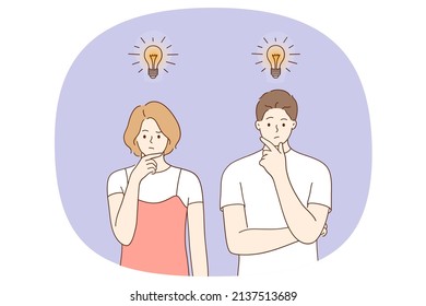 Searching for Creative ideas concept. Young serious woman and man standing and thinking with light bulbs flying above meaning creativity and business innovation vector illustration 