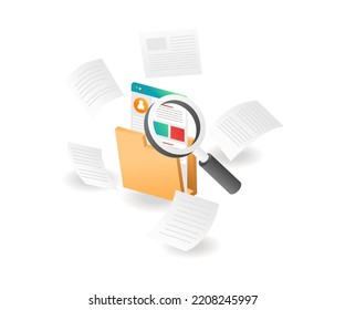 Searching for data in a folder in isometric flat illustration