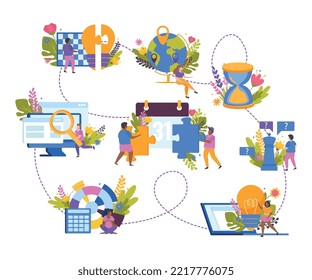 Concepto de decisiones de búsqueda composición plana con conjunto de imágenes de estilo doodle aisladas conectadas con ilustración vectorial de línea discontinua