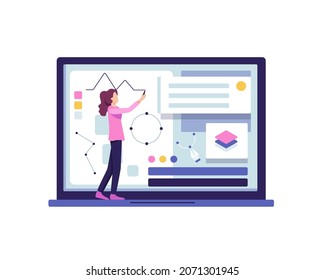 Searching, Design and Creative development. Female designer build and design website, Creative process, Brainstorming concept. Vector illustration in a flat style