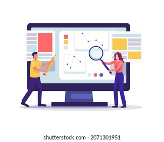 Searching, Design and Development project. Team working and discuss new project, Creative process concept. Vector illustration in a flat style