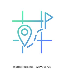 Searching for destination on map gradient linear vector icon. Location tracking. Real-time monitoring. Navigation. Thin line color symbol. Modern style pictogram. Vector isolated outline drawing