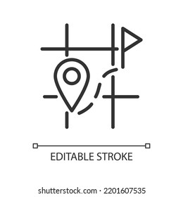 Suchen Sie nach Ziel auf Karte linearen Symbol. Standortverfolgung. Echtzeitüberwachung. Navigation. Dünne Illustration. Contour-Symbol. Vektorgrafik-Zeichnung. Bearbeitbarer Strich. Arithmetik verwendet