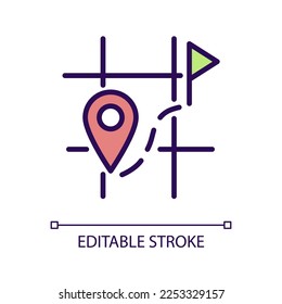 Searching for destination on map RGB color icon. Location tracking. Real-time monitoring. Navigation. Isolated vector illustration. Simple filled line drawing. Editable stroke. Arial font used