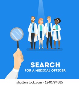 Searching for a doctor concept. Hospital worker need. Looking for professional with magnifying glass. Flat vector illustration