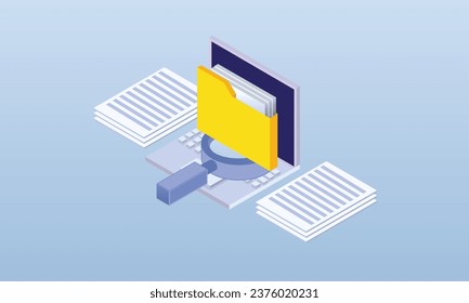 Searching for document data in isometric.on blue background.3D design.isometric vector design Illustration.