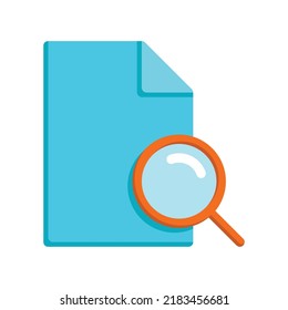 Searching document icon wit paper and magnifying glass in colorful flat style