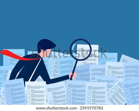 Searching for document information, businessman using magnifying glass to examine and analyze document