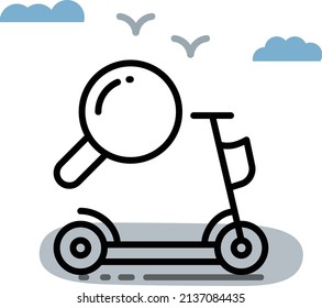 Searching for Electric Scooter Ride  Concept, Magnifying glass with Kick Bike Vector Icon Design, Green transport Symbol, Eco Motorized scooter Sign, push-scooter and street vehicle stock illustration