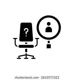 Searching for Employee Icon. Glyph Style. Vector. Vacant Office Chair with Magnifying Glass. Labor Shortage Concept. Recruitment Problem. HR Workforce Hiring Illustration