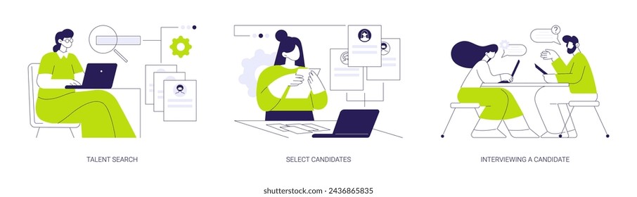 Searching employees abstract concept vector illustration set. Talent search, select candidates, interviewing a candidate, open vacancies, human resources, headhunting agency abstract metaphor.