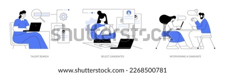 Searching employees abstract concept vector illustration set. Talent search, select candidates, interviewing a candidate, open vacancies, human resources, headhunting agency abstract metaphor.