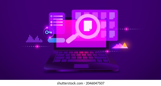Searching file or data on laptop. Modern futuristic background. Vector illustration