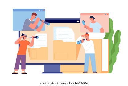 Searching file document. Folder archive, business management project flat design. Computer data science, office organization utter vector concept