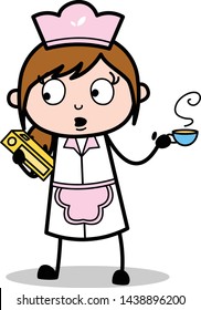 Searching File While Drinking Tea - Retro Cartoon Waitress Female Chef Vector Illustration