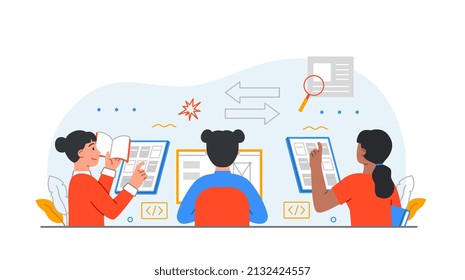 Searching files concept. Analytical department works with information, paper work. Statistical market research, colleagues and employees in workplace, company. Cartoon flat vector illustration