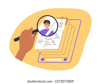 Searching, finding, choosing applicant, candidate for job vacancy. HR, human resources, recruitment concept. Headhunter looking CVs, applications. Flat vector illustration isolated on white background