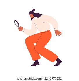 Searching and finding concept. Woman looking through magnifying glass, lens. Person seeking for information, inspecting, analyzing, exploring. Flat vector illustration isolated on white background