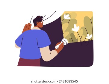 Searching, finding, discovering fortune, luck. Positive outlook, vision, curiosity concept. Optimist looking for insight, happiness, wonder. Flat vector illustration isolated on white background