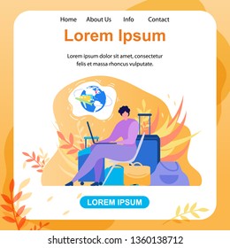Searching Flight Schedules Flat Vector Web Square Banner. Woman Using Laptop to Booking Airline Tickets, Reserving Hotel Room, Planning Vacation Journey Route Illustration. Travel Agency Landing Page
