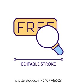 Searching free products RGB color icon. Testing usage period. Demo version. Finding freebies. Isolated vector illustration. Simple filled line drawing. Editable stroke. Arial font used