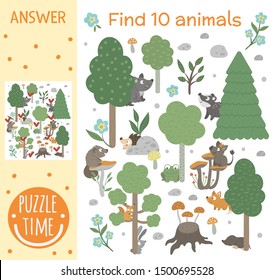 Searching Game For Children With Animals And Trees In The Forest. Woodland Topic. Cute Funny Smiling Characters. Find Hidden Animals.