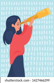 Searching. Girl looking into telescope. Flat style vector illustration.