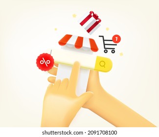 Searching goods in internet via mobile phone concept. 3d vector illustration