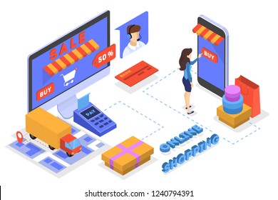 Searching goods in online shop concept. E-commerce concept. Shopping in internet and make digital money payment. Isolated flat vector illustration