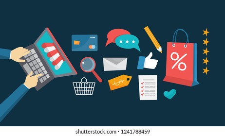 Searching goods in online shop concept. E-commerce concept. Shopping in internet and make digital money payment. Isolated flat vector illustration