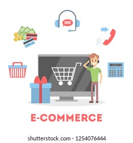Searching goods in online shop concept. E-commerce concept. Shopping in internet and make digital money payment. Isolated flat vector illustration