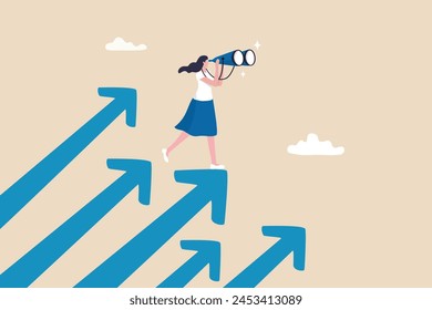 Searching for growth opportunity, vision to look and see future, challenge ahead or motivation to grow business concept, businesswoman on arrows look through binoculars to find business opportunity.