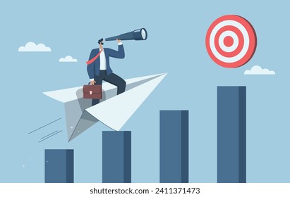 Searching for higher goals, Business leaders will reach their goals, Businessman with binoculars on a paper airplane flying over the bar graph towards a high target. Vector design illustration.