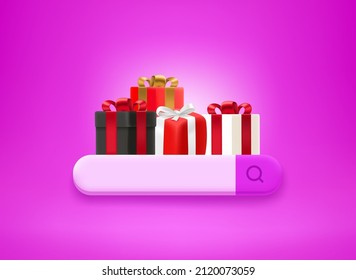 Searching for holiday presents. Gift boxes with searching tab. 3d vector illustration
