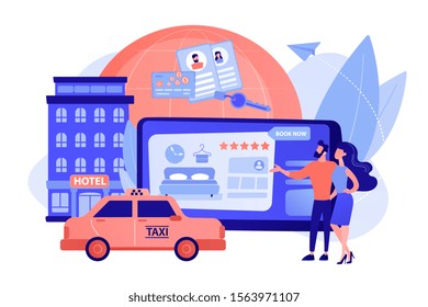 Searching hostel, accommodation. Ordering taxi, cab. Online booking services, internet reservation system, accommodation search concept. Pinkish coral bluevector isolated illustration