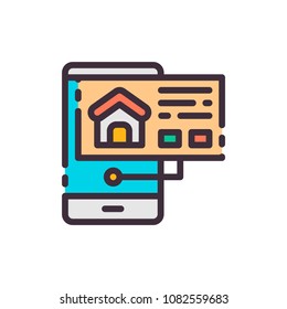 Searching house for rent in phone. Icon.