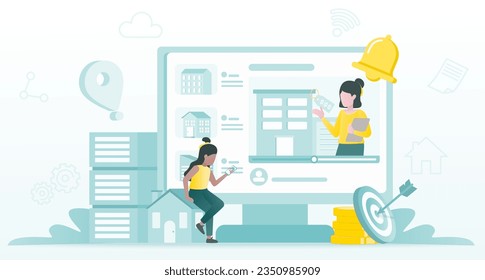 Searching for houses, condominiums in the real estate market. Influencer help and support on online platform. A video advertising promotion a room. Flat vector design illustration.