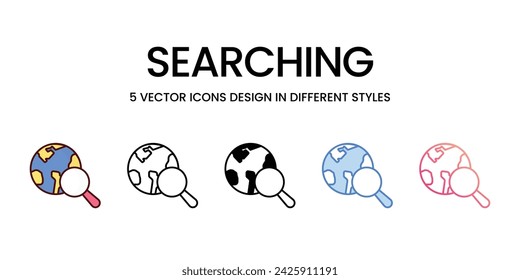 Búsqueda de diseño de iconos en cinco estilos con trazo editable. Línea, Sólido, Línea plana, Color de tono dúo y Línea degradada de color. Conveniente para la página web, aplicación móvil, UI, UX y diseño de GUI.