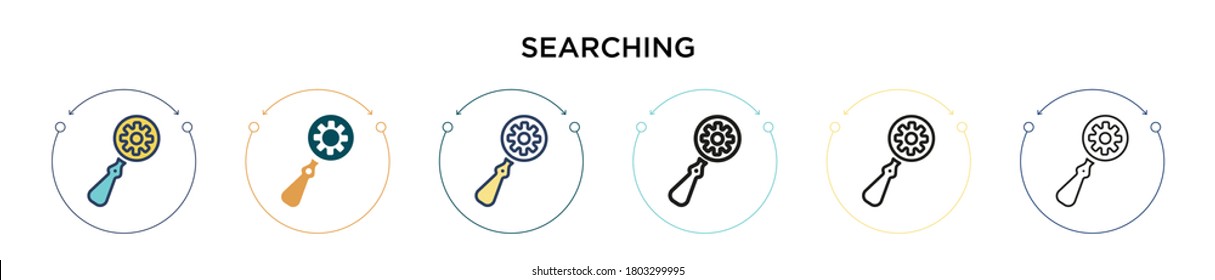 Searching icon in filled, thin line, outline and stroke style. Vector illustration of two colored and black searching vector icons designs can be used for mobile, ui, web