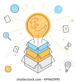 Searching for idea and strategy process. Contour flat line illustration of bulb with maze inside from boxes. A way the problem and task decision and solution. Outline vector infographic concept.